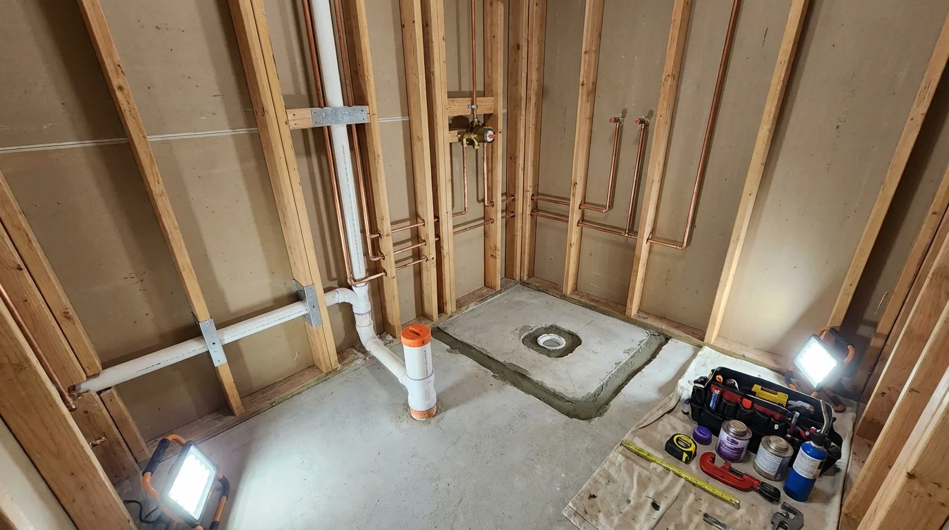 Bathroom rough-in plumbing during remodel by Johns Plumbing LLC in Edgefield