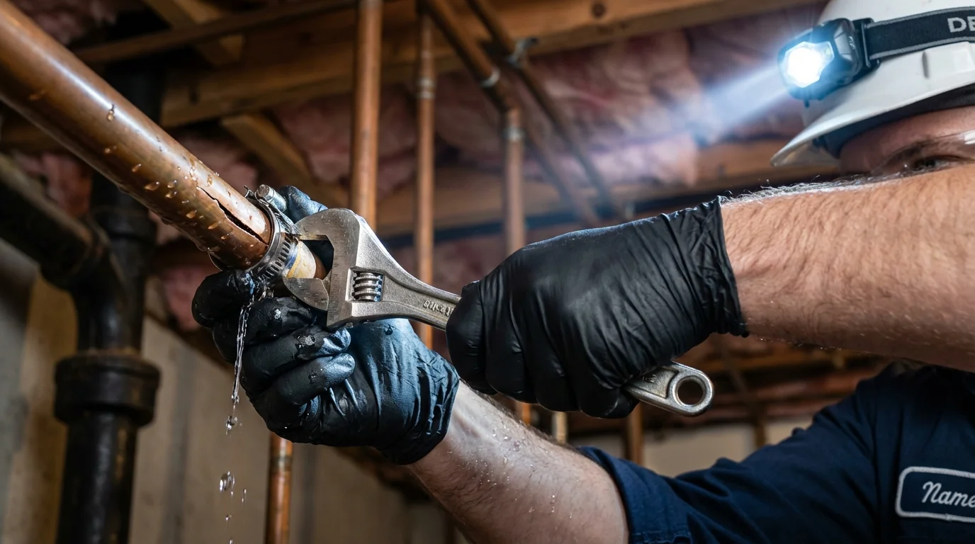 Emergency pipe clamp repair being performed by a Johns Plumbing LLC plumber in Edgefield