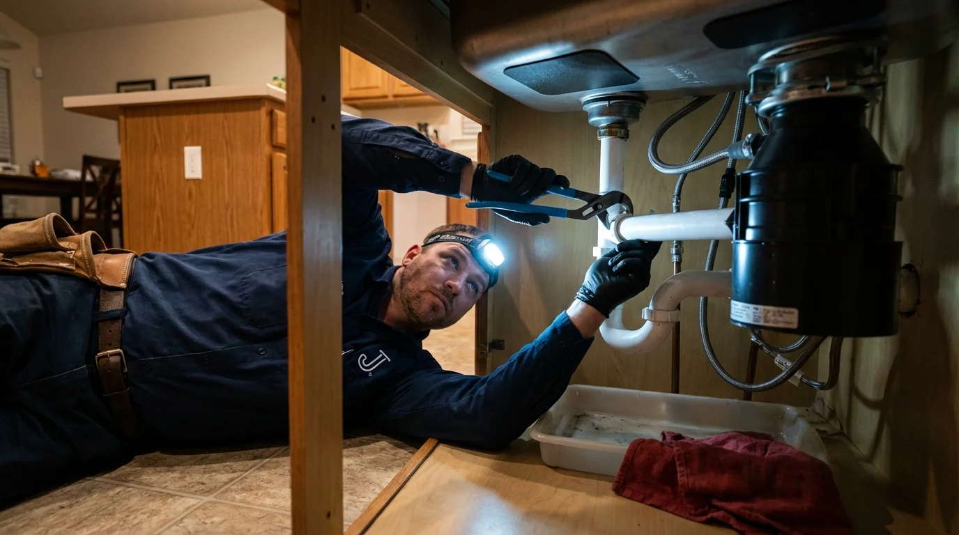 P-trap and supply line connections under a kitchen sink showing a common leak point in Edgefield, SC